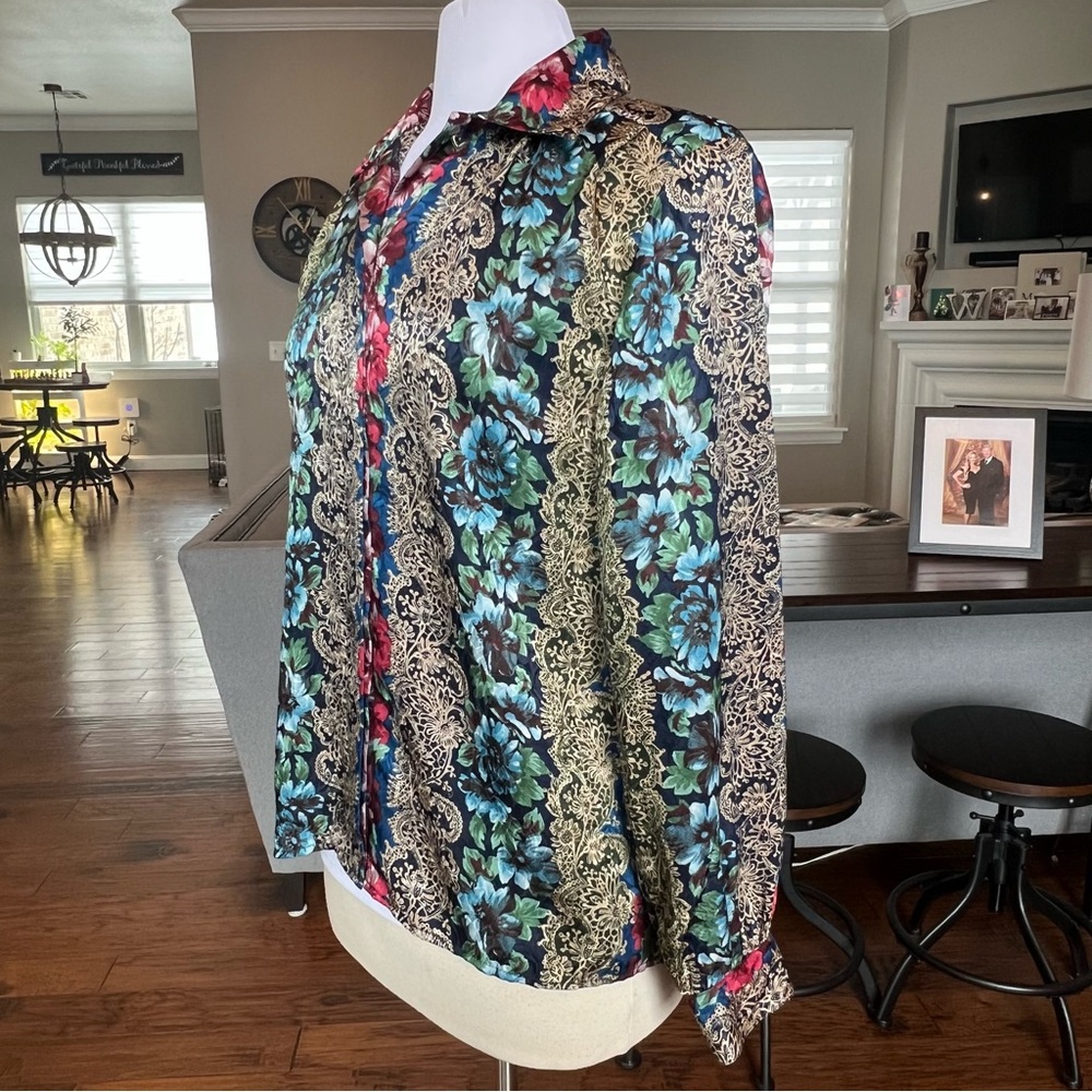 Vibrant Vintage Notations Blouse Size 8 Button Up Colorful 80’s Satin Top Shirt - Picture 7 of 13